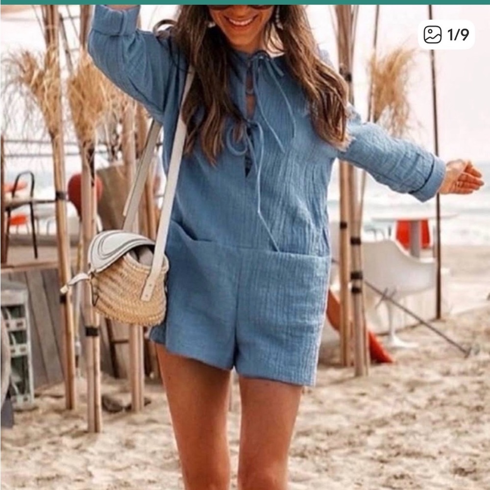 Zara Gauze Jumpsuit Romper Dusty Blue Long sleeve Retro Tie Front S